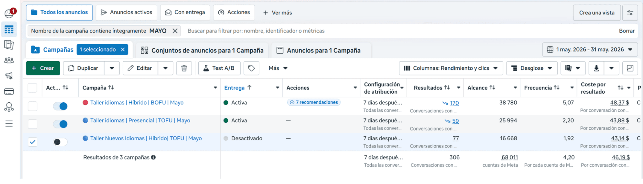 Evidencia Meta Ads — Academia de idiomas